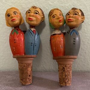 Two Folk Art Vintage ANRI Kissing Couple Bottle Stoppers